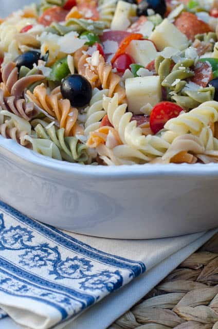 A closeup of the Pizza Pasta Salad in a white bowl.