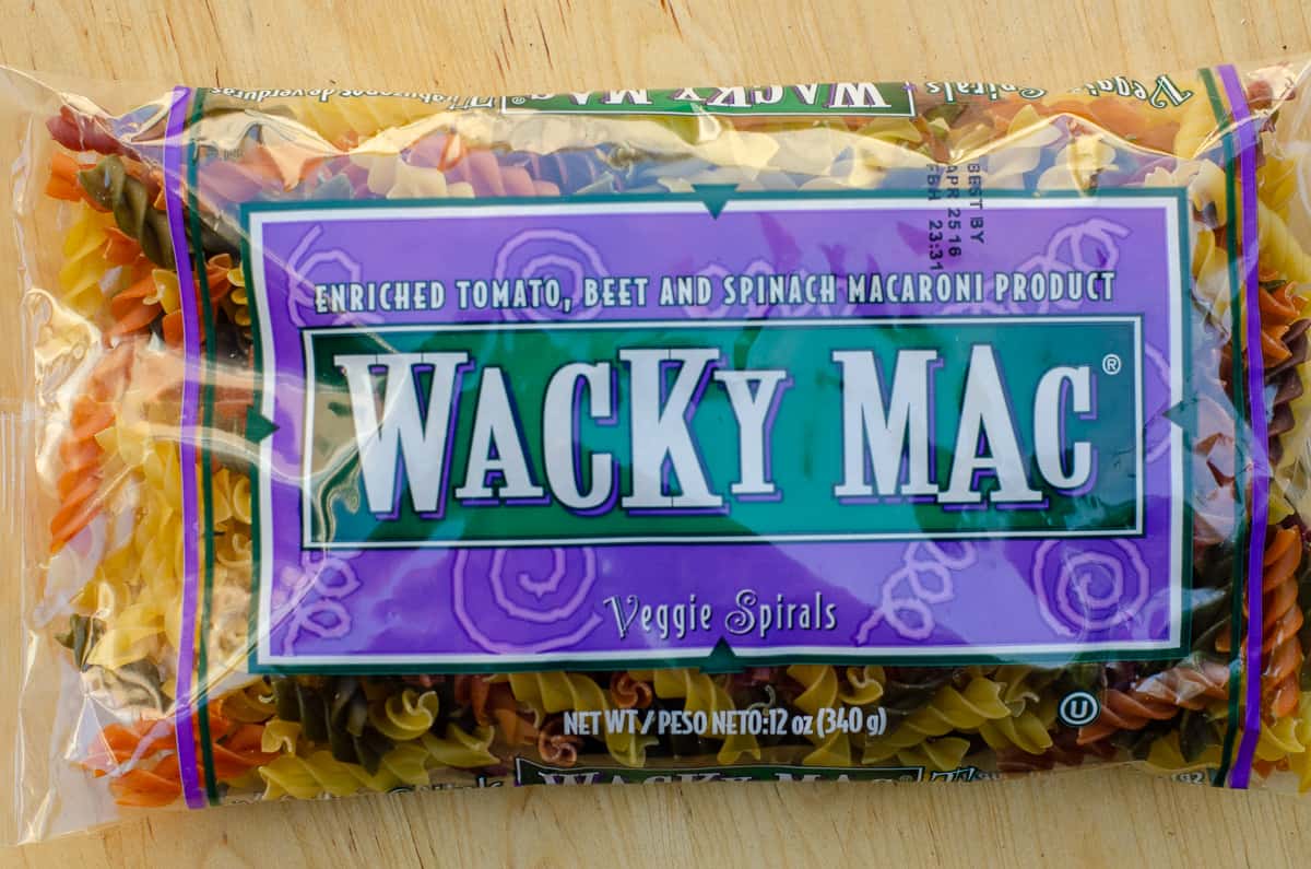 A package of Wacky Mac spiral pasta.