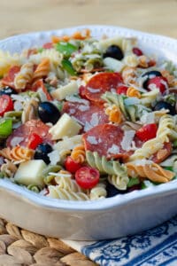 Pizza Pasta Salad in a white serving bowl.