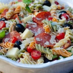 Pizza Pasta Salad in a white serving bowl.