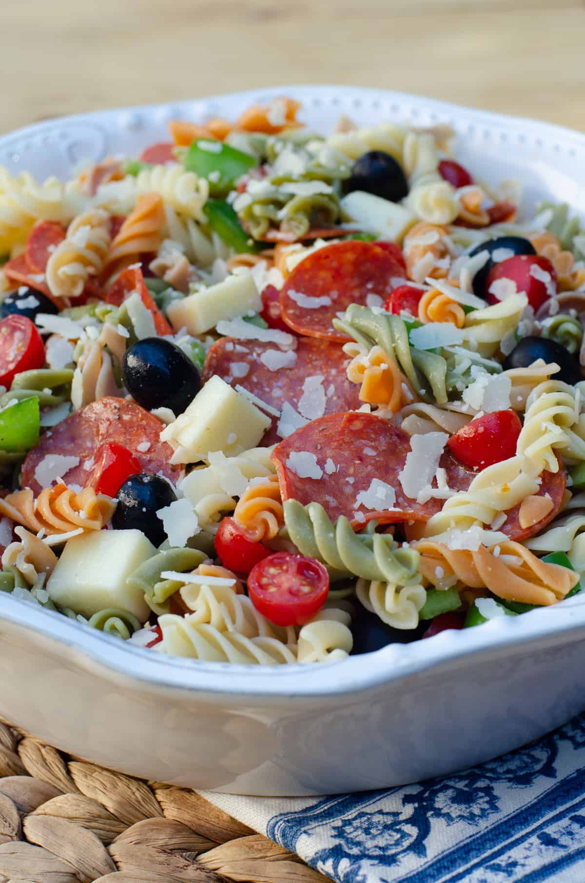 Pizza Pasta Salad in a white serving bowl.