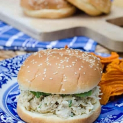 A chicken caesar mixture on a hamburger bun on a blue and white plate.