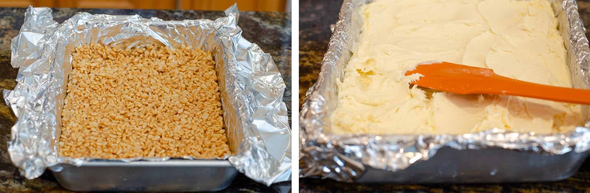 A rice krispie mixture pressed into a pan and a layer of ice cream spread on top.