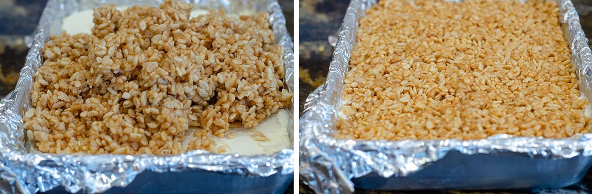 A rice krispie mixture layered over the top of an ice cream layer in a pan.
