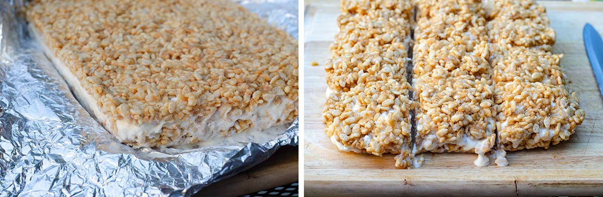 Peanut butter rice krispie ice cream sandwiches in foil and sliced on a cutting board.