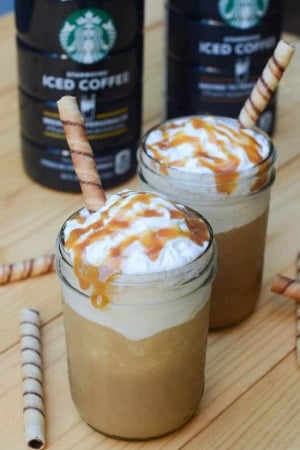 Butterscotch Caramel Frappuchinos in mason jars.