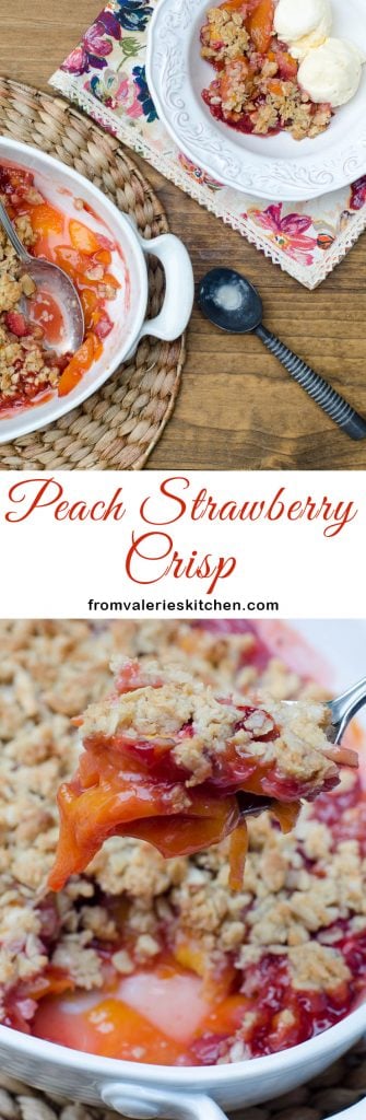 A two image vertical collage of Peach Strawberry Crisp with text overlay.