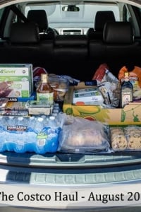 The back of a car filled with items from Costco.