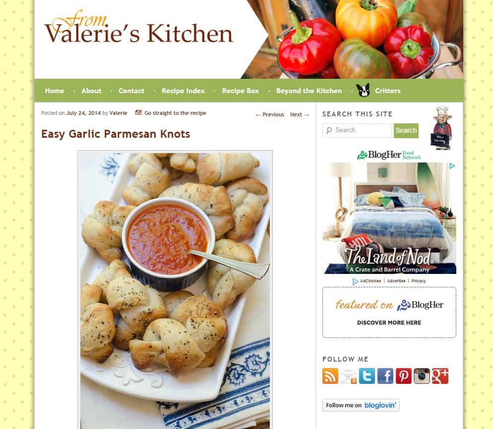 A screenshot of Valerie's Kitchen Original Site Design 2011