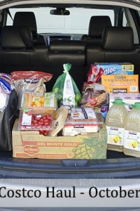 The back of a car filled with items from Costco.