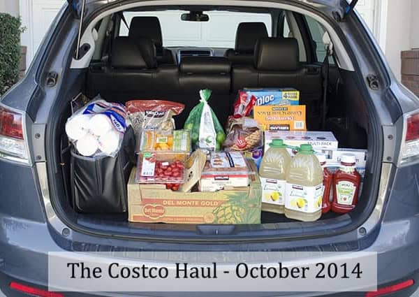 The back of a car filled with items from Costco.