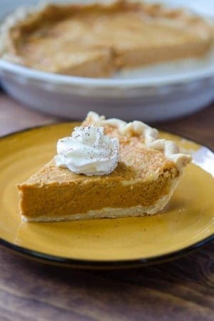 A piece of pumpkin pie topped with whipped cream on a yellow plate.