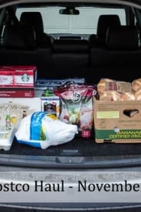 The back of a car filled with items from Costco.