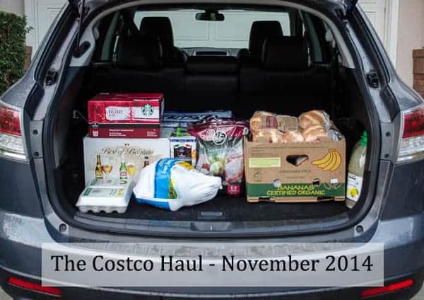 The back of a car filled with items from Costco.
