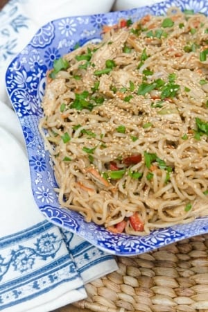 Sesame noodles in a blue and white bowl.
