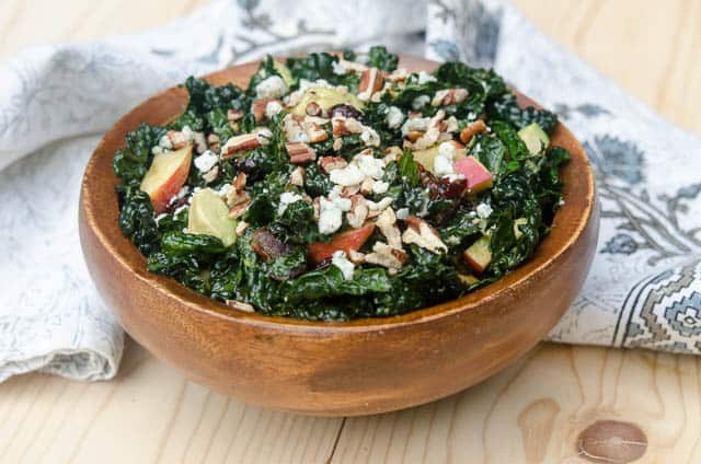 Winter Kale Chopped Salad in a wooden bowl.