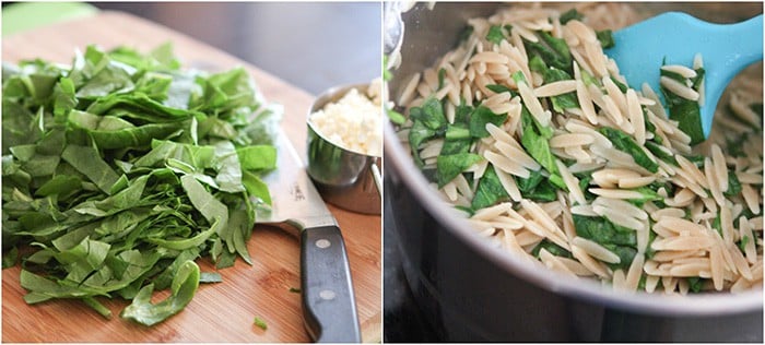 Chopped fresh spinach on a cutting board and in a skillet with orzo.