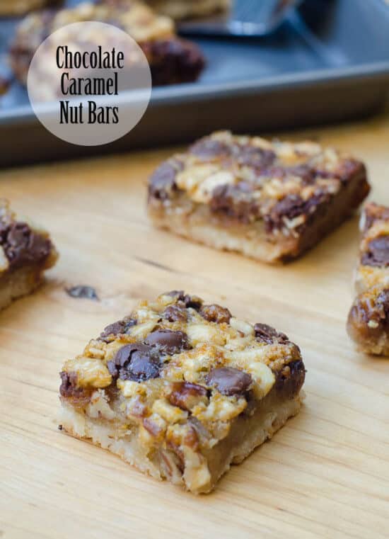 Chocolate Caramel Nut Bars on a cutting board with text overlay.