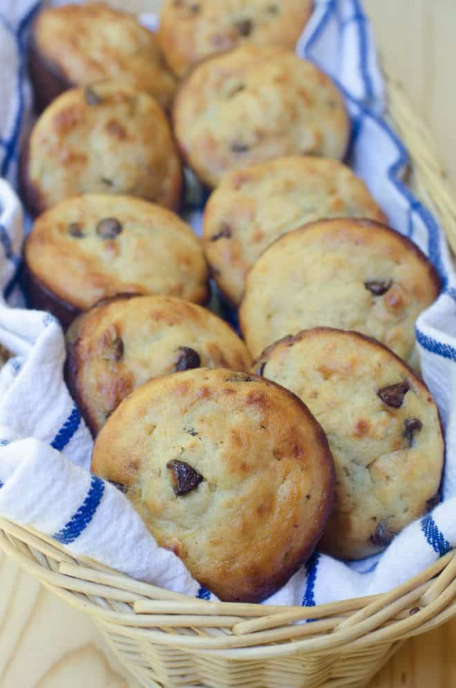 Banana Oatmeal Chocolate Chip Muffins in a bread basket.