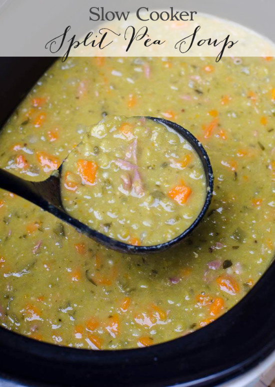 A ladle full of Slow Cooker Split Pea Soup hovers over a slow cooker.