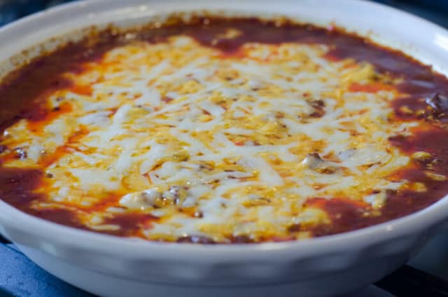 Beef Enchilada Dip out of the oven.