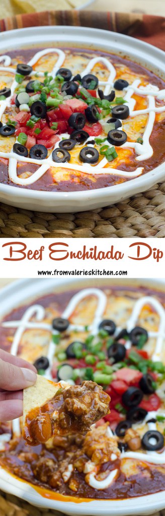 Beef enchilada dip in a white baking dish and a chip after being dipped with overlay text.