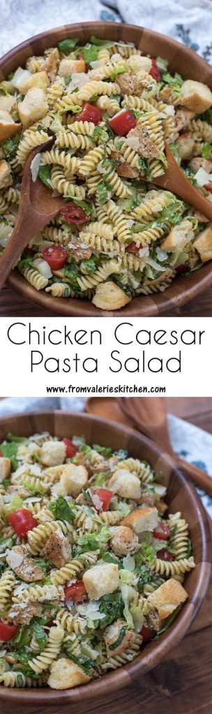 Two images of a pasta salad with chicken, romaine, and croutons in a wood bowl with text overlay.