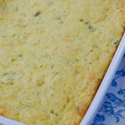Cornbread with green chiles in a baking dish.