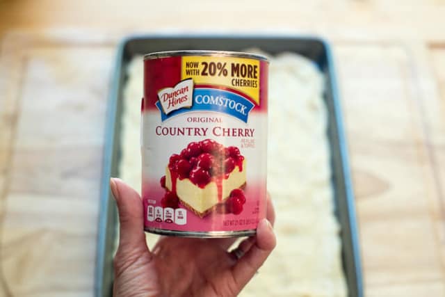 A can of Duncan Hines Comstock Country Cherry Pie Filling.