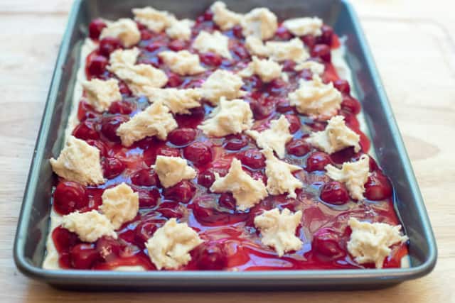 The Cherry Pie Bars after being assembled and before going in the oven.