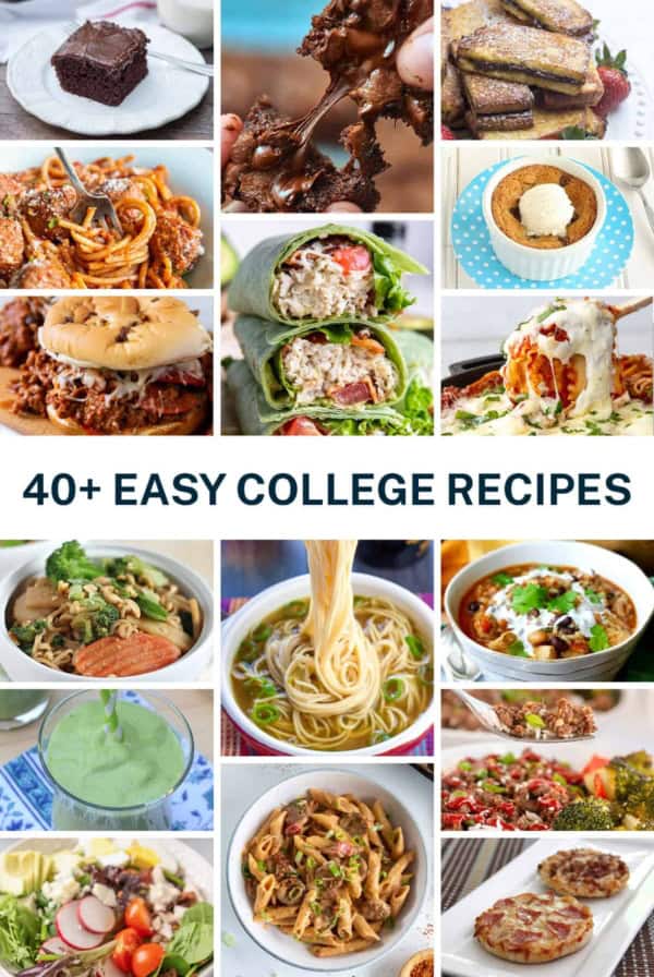 A collage of images of easy college recipes with text.