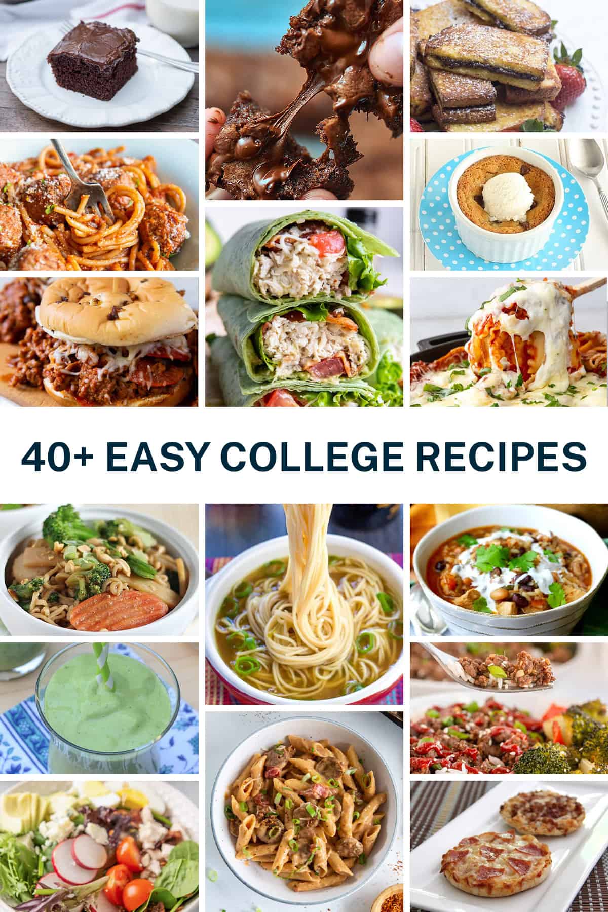 A collage of images of easy college recipes with text.