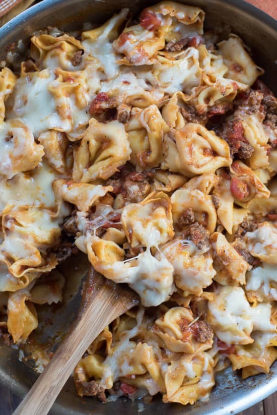 A close up shot of the tortellini in the skillet.