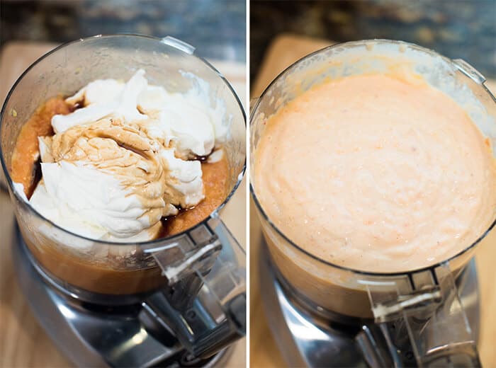 Two in process images showing additional ingredients added and processed until smooth.
