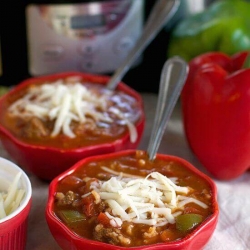 Red bowls filled with stuffed pepper soup.