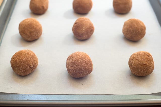 Coated balls of dough on a parchment paper lined baking sheet.