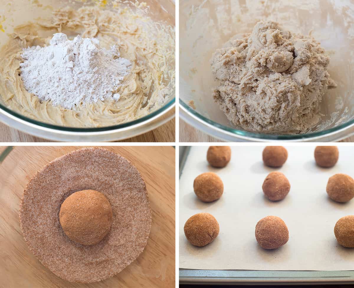 Four images showing cookie dough being made in a bowl and balls of dough being coated in pumpkin spice mixture and on a parchment paper lined baking sheet.