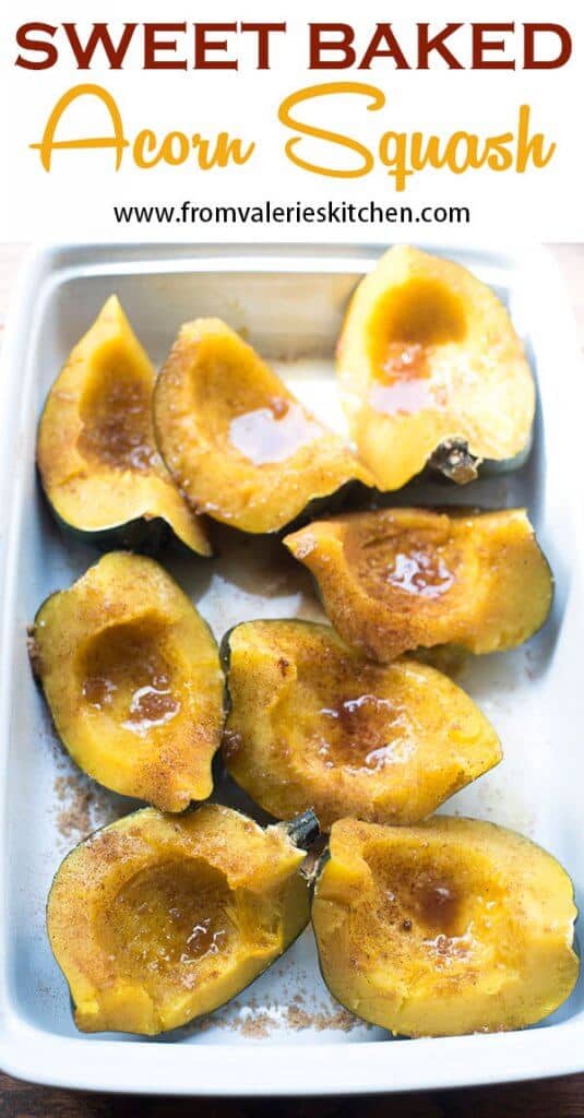 A baking dish full of baked acorn squash with overlay text.