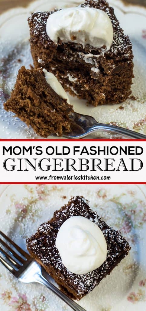 Two images of gingerbread topped with whipped cream with overlay text.