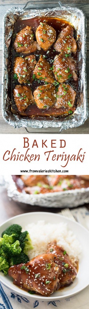 Two images of baked teriyaki chicken in a baking dish and on a plate with overlay text.