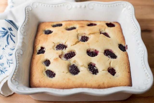 Blackberry Buttermilk Snack Cake after it comes out of the oven.