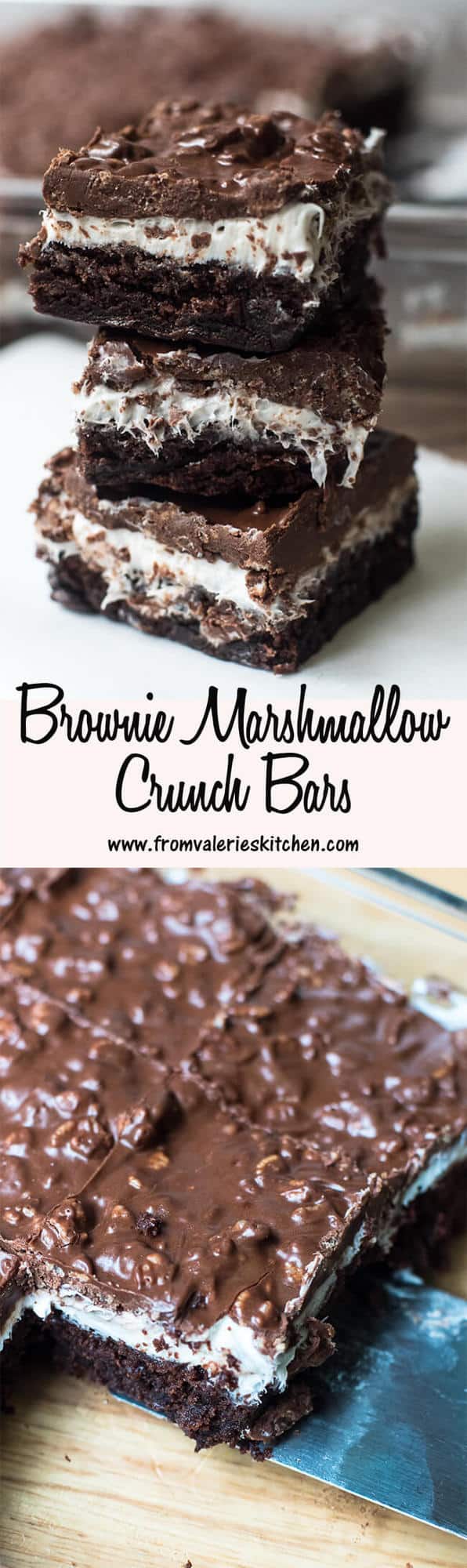 Two images of Brownie Marshmallow Crunch Bars with overlay text.