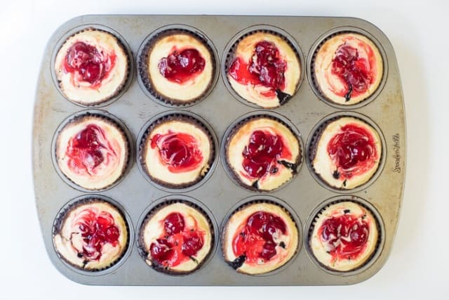 Cherry Cheesecake Brownie Cupcakes after they are removed from the oven.