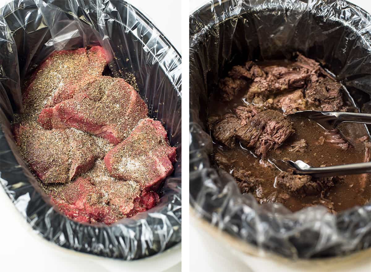 Two images showing chunks of seasoned beef in a slow cooker and being shredded with tongs after cooking.
