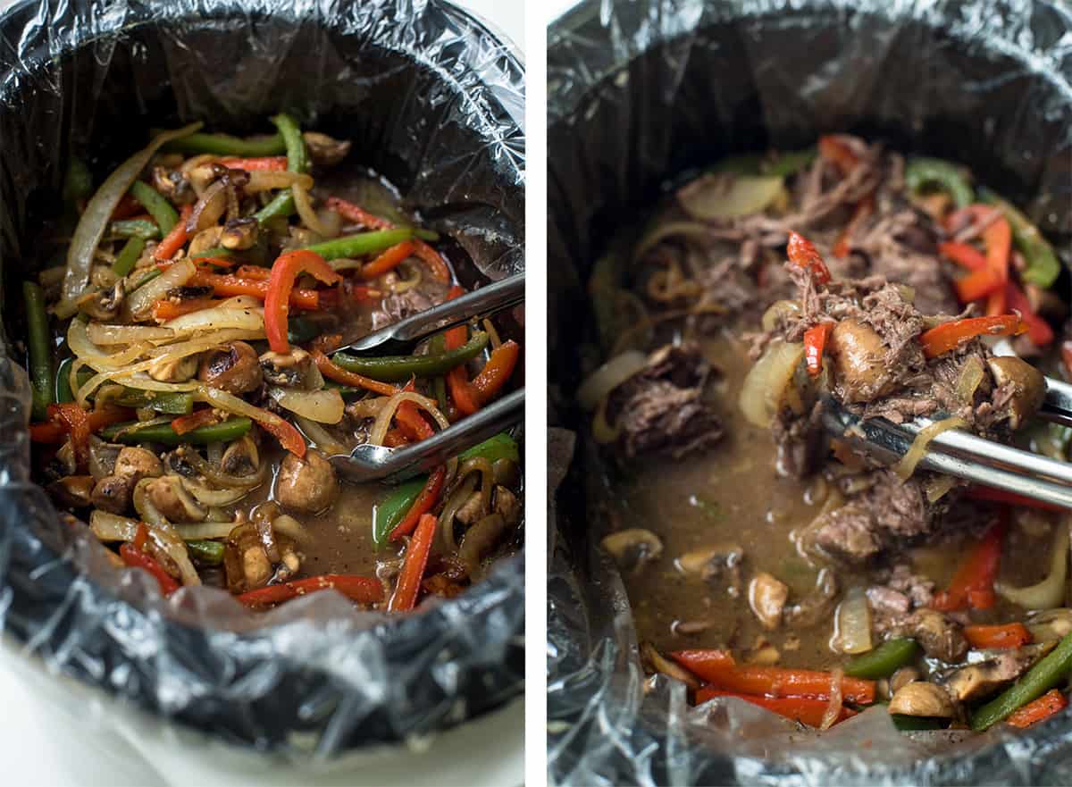 Two images of shredded beef with peppers, onions, and mushrooms in a slow cooker.