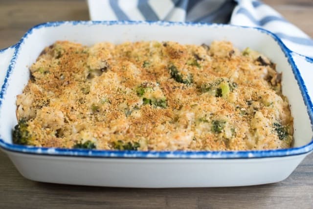 Creamy Chicken Broccoli and Rice Casserole with browned breadcrumbs  just out of the oven.