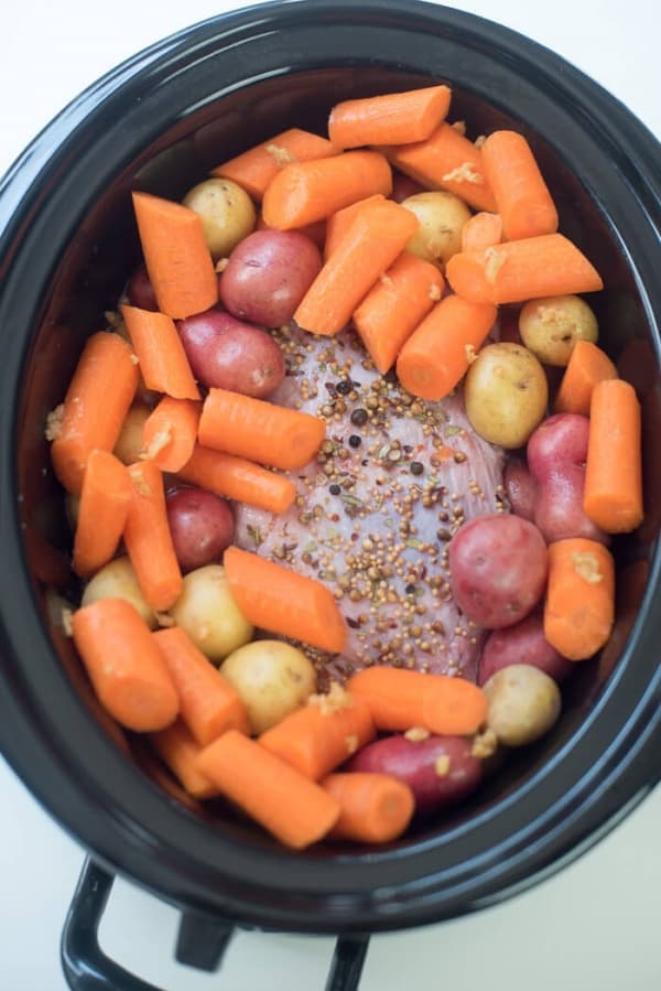 Slow Cooker Cooker Corned Beef and Cabbage in the slow cooker.