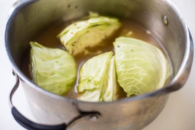 Cabbage cooking in a pot.