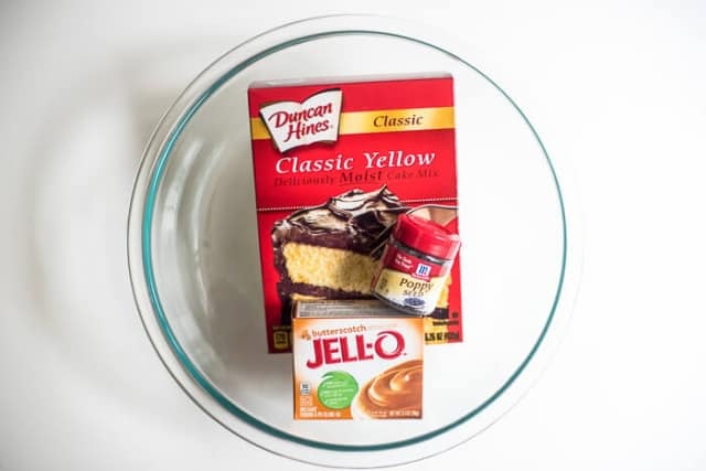 Duncan Hines Classic Yellow Cake Mix and Jello Butterscotch Pudding Mix.