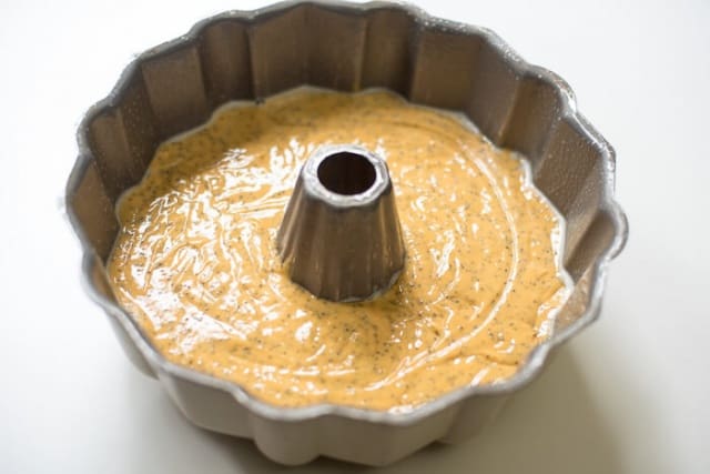 The cake batter in a Bundt pan.